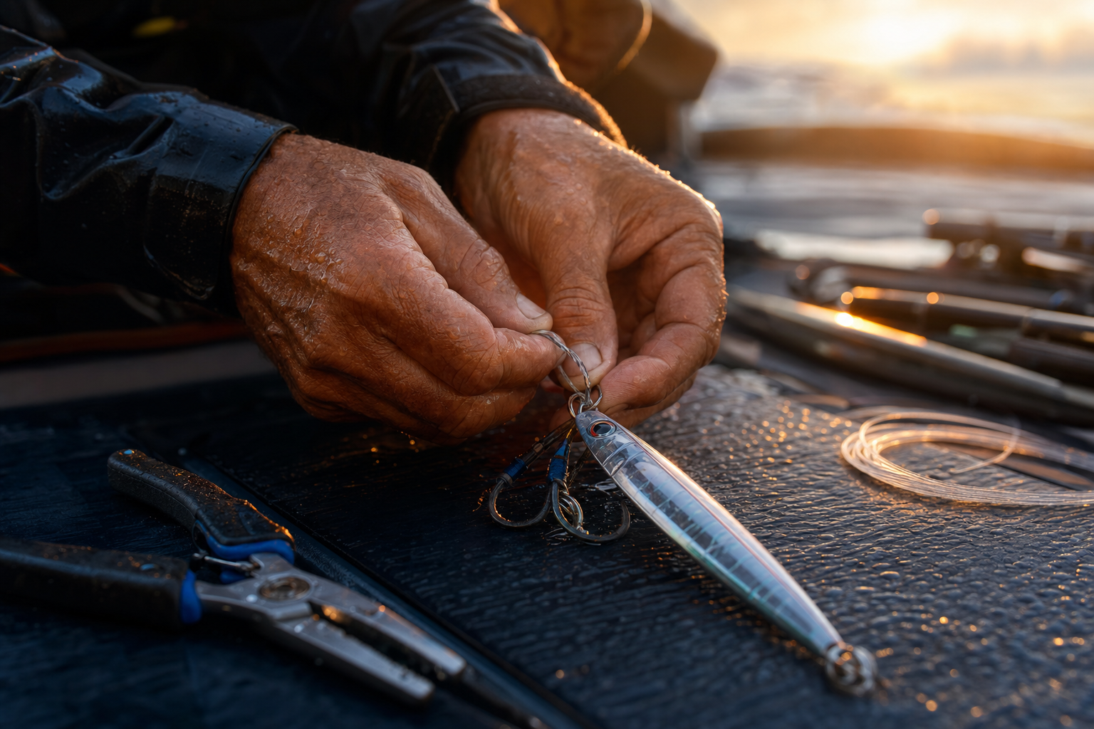 An angler rigging a jig on deck