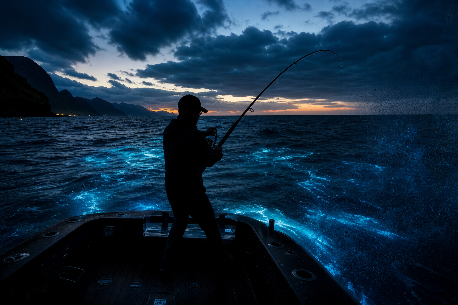 Angler jigging at blue hour off the Singapore coast