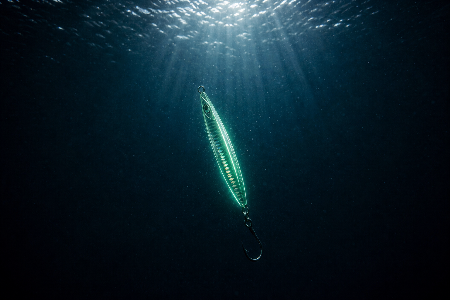 A glowing jig sinking into deep water